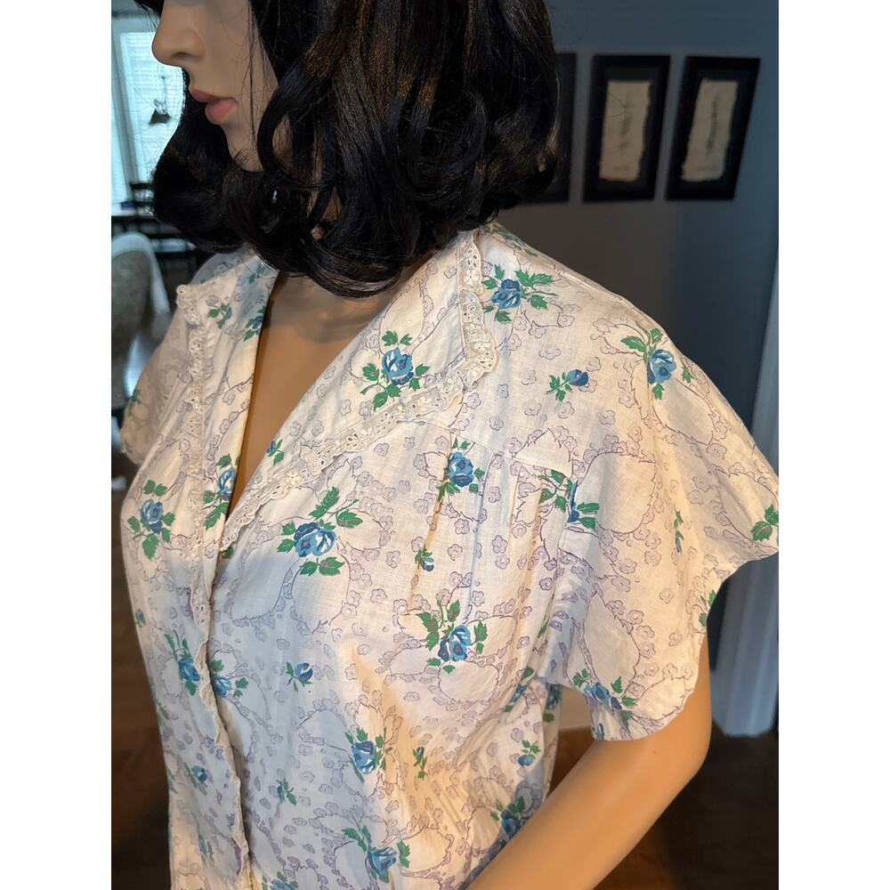 1950s Handmade Floral Day Dress Blue Rose Eyelet Trim Medium - Picture 13 of 16